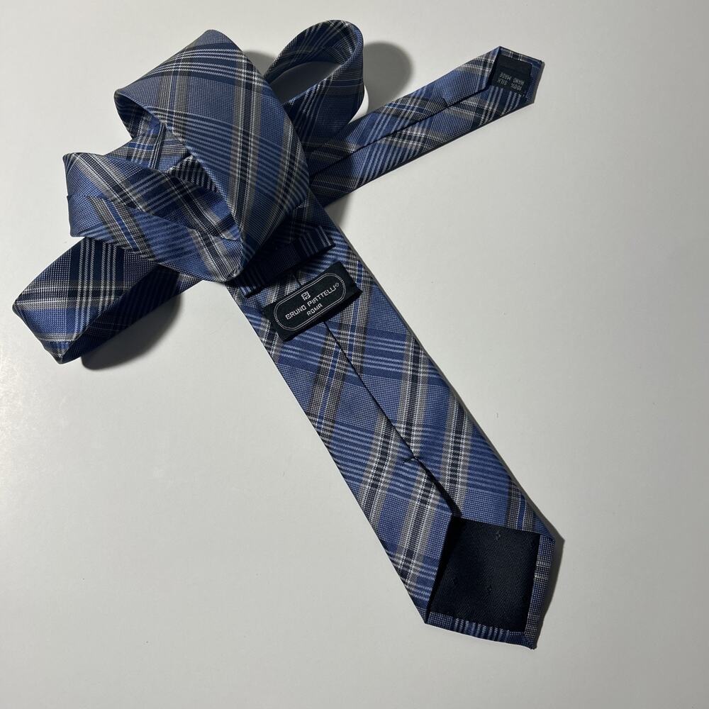 BRUNO PIATTELLI‎ Men's Silk Necktie Designer Plaid  Gray/Blue/Tan/White Silk